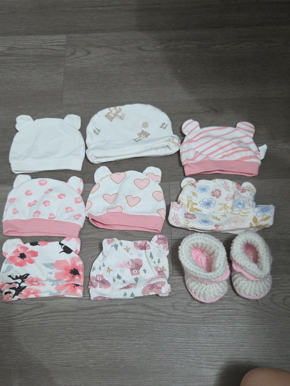 Baby Pink and White Heart & Floral Hat Set with Booties